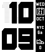 BTSWatchface on a Pebble Time at 10:09: huge black pixel digits with a dotted shadow on white, beside a black sidebar showing Wed 21 Oct, 6a in New York and a step count of 0