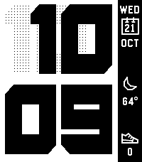 BTSWatchface on a Pebble Time 2 at 10:09: huge black pixel digits with a dotted shadow on white, beside a black sidebar showing Wed 21 Oct, the current weather and a step count of 0